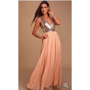 Lulus Elegant Encounter Rose Gold Sequin Maxi Dress